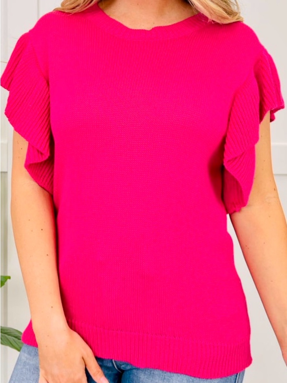 BiBi Hot Pink Ruffled Sleeve Knit Pullover L (12-14)